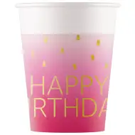 Różowe kubeczki papierowe z napisem "Happy Birthday" - zestaw 8 sztuk pojemności 200 ml