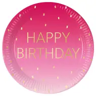 Różowe papierowe talerze z napisem "Happy Birthday", zestaw 8 sztuk, 23 cm.