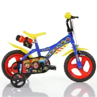Sam, strażak – dziecięcy rower 12” z uchwytem na bidon i bocznymi kółkami, w kolorze niebiesko-żółtym – rower Dino Bikes