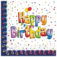 Serwetki papierowe z napisem "Happy Birthday" w tęczowe wzory, opakowanie 20 sztuk.