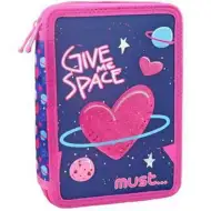 Space Heart: Rozkładany różowo-fioletowy dwupoziomowy piórnik z wyposażeniem 15x21x5cm