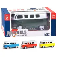 Volkswagen T1 1/32 metalowy model samochodu z mechanizmem napędowym, otwieranymi drzwiami, światłem i dźwiękiem w różnych wariantach.
