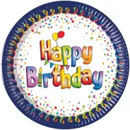 Wesołe niebiesko-białe talerzyki papierowe z napisem „Happy Birthday”, zestaw 8 sztuk.