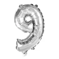 Wiele balonów foliowych w kolorze srebrnym – liczba 9, 32 cm
