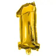 Wiele balonów foliowych w kolorze złotym – cyfra 1, 32 cm