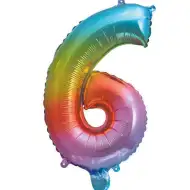 Wiele balonów foliowych w metalicznych kolorach tęczy – cyfra 6, 34 cm