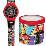 Zegarek analogowy Avengers w metalowym pudełku ozdobnym.