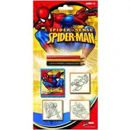 Zestaw 3 pieczątek Spider-Mana z kolorowymi kredkami.