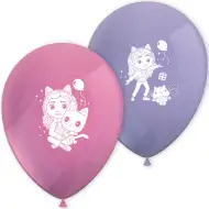 Zestaw 8 balonów lateksowych z wzorem domku dla lalek Gabiego.