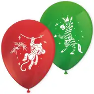 Zestaw 8 balonów z wesołymi zwierzątkami w kolorach czerwono-zielonych.