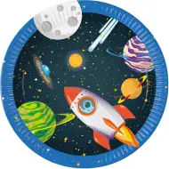 Zestaw 8 papierowych talerzy z motywem planet i rakiet kosmicznych.