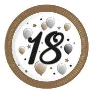 Zestaw 8 papierowych talerzy z napisem "18 lat", średnica 23 cm.