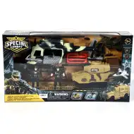 Zestaw figurek akcji Special Combat z pojazdami bojowymi.