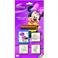 Zestaw stempelków z Minnie Mouse z 3 sztukami i kolorowymi kredkami.