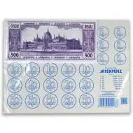 Zestaw zabawkowych pieniędzy z papierowymi banknotami i wycinanymi monetami.