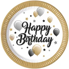 Elegancki zestaw 8 papierowych talerzyków z napisem „Happy Birthday”