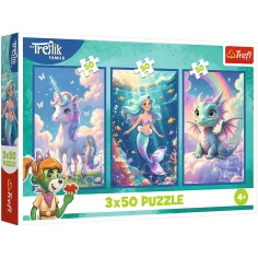 Kolorowy świat bajek – puzzle 3 x 50 sztuk z jednorożcem, syrenką i smokiem – Trefl zdjęcie 1