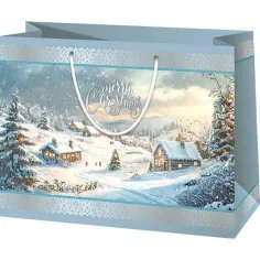 Wesołych Świąt torba prezentowa w średnim rozmiarze z motywem zimowego krajobrazu 18x23x10cm