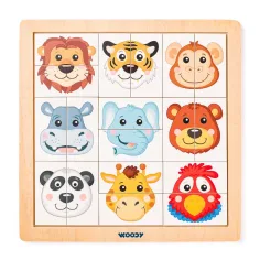 Montessori Safari z głowami zwierząt drewniane puzzle - Woodyland