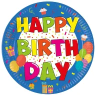 Wesoły, kolorowy zestaw papierowych talerzyków z napisem „Happy Birthday”, 8 sztuk
