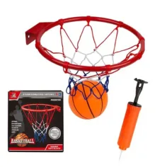 Zestaw metalowy obręcz do koszykówki z kolorową siatką, piłką i pompką, 22 cm zdjęcie 3