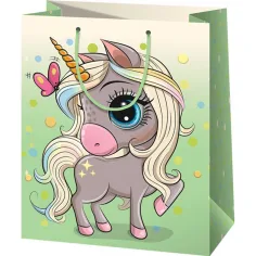Zielona ekskluzywna torba prezentowa z wzorem jednorożca 26x13x33cm