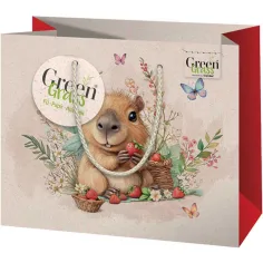 Zielona torba prezentowa z motywem kapibary średniej wielkości 18x10x23cm