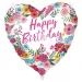 Balon foliowy na urodziny – napis „Happy Birthday”, w kształcie serca, z kwiatowym wzorem, 46 cm
