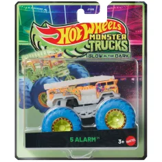 Hot Wheels Monster Trucks: 5 Alarm samochodzik 1/64 z niebieskimi kołami świecącymi w ciemności – Mattel
