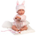 Llorens: Abril, płacząca lalka 42 cm w czapce z uszami królika, ze śpiworkiem