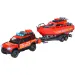 Majorette: Land Rover straż pożarna z łodzią, efekty świetlne i dźwiękowe, 33 cm - Simba Toys