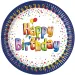 Wesołe niebiesko-białe talerzyki papierowe z napisem „Happy Birthday”, zestaw 8 sztuk.