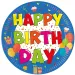 Wesoły, kolorowy zestaw papierowych talerzyków z napisem „Happy Birthday”, 8 sztuk